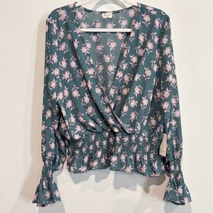 Cottagecore‎ Women Top 2X Floral Smocked Green Peplum Boho Feminine Whimsy 20464